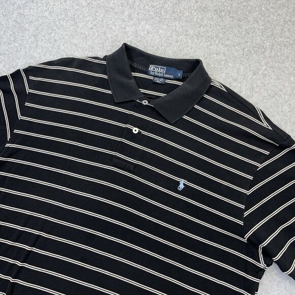 Polo by Ralph Lauren Black White Striped Mens Large L Light Blue Pony SS - Picture 1 of 8